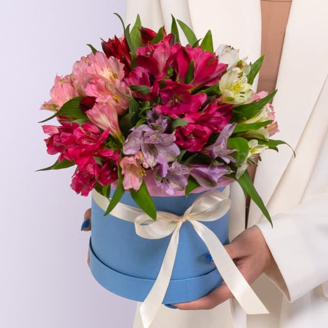 Красивая композиция из 15 альстромерий в шляпной коробке (микс из ассортимента) Красивая композиция из 15 альстромерий в шляпной коробке (микс из ассортимента)