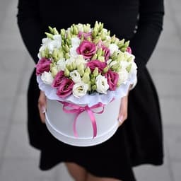 25 белых и фиолетовых эустом в шляпной коробке