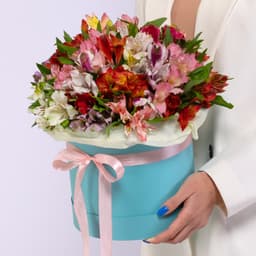 Роскошная композиция из 35 альстромерий в шляпной коробке (микс из ассортимента)