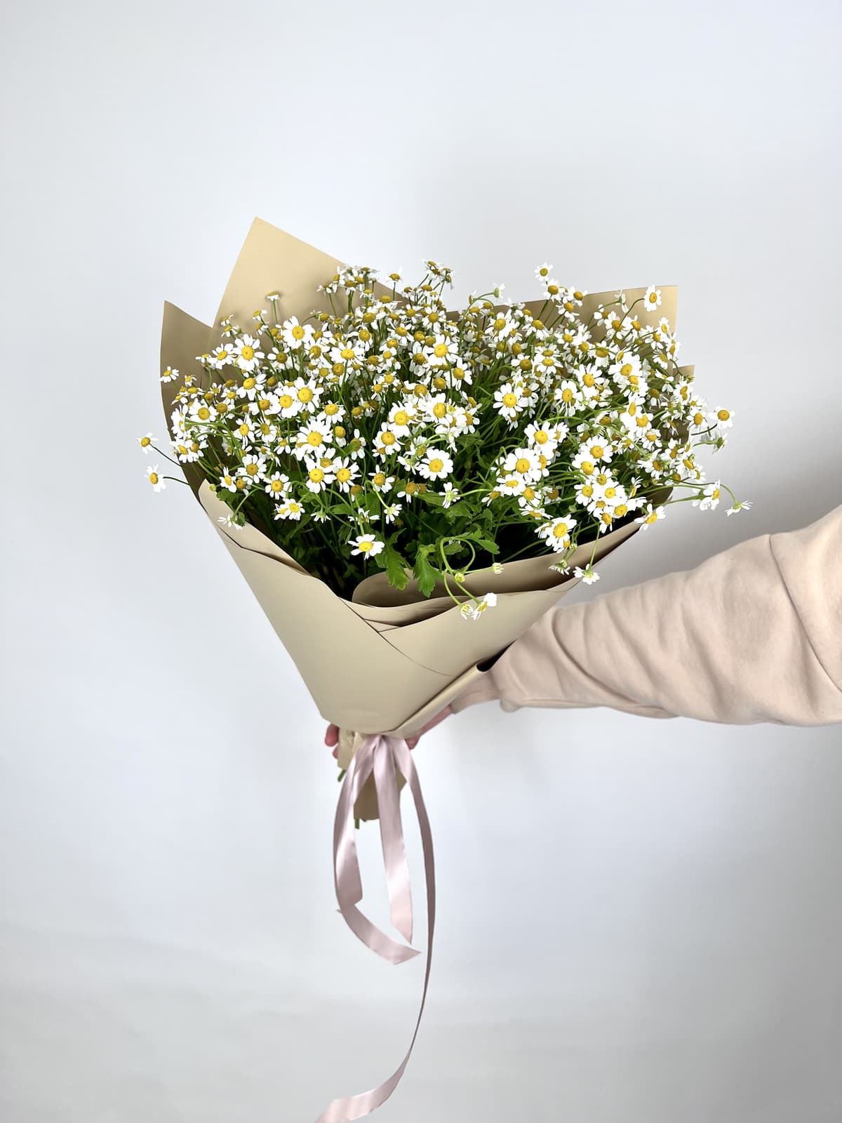 Красивый букет 25 Кустовых Ромашек в матовой бумаге