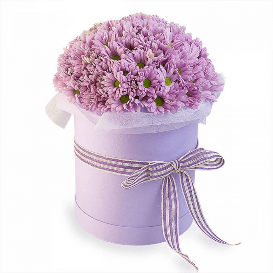 Букет из 15 кустовых хризантем в шляпной коробке (цвет на выбор из ассортимента)