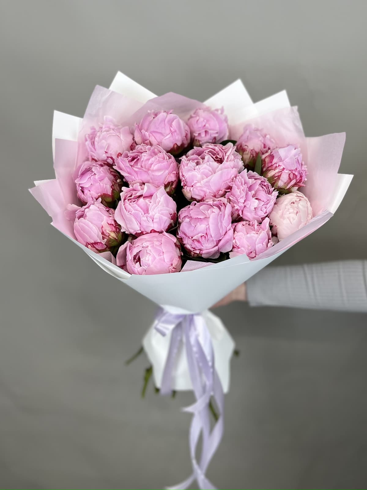 Свежий букет из 15 Пионов «Sara Bernard»