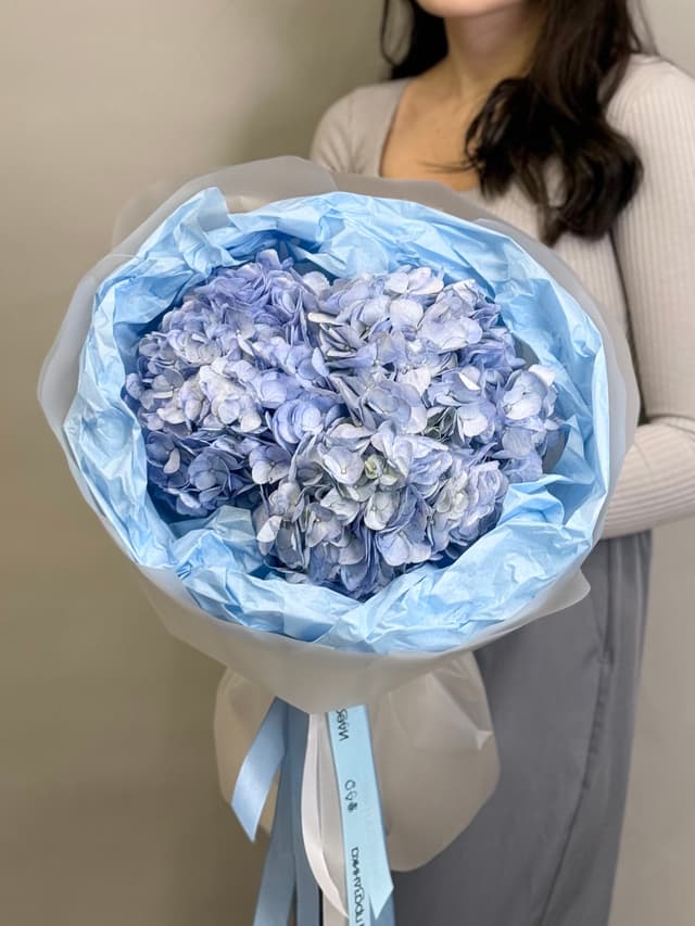 Букет из 3 голубых гортензий в фирменной упаковке Букет из 3 голубых гортензий в фирменной упаковке