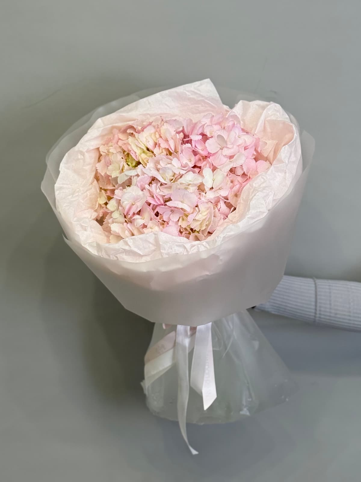 Букет из 3 розовых гортензий в фирменной упаковке