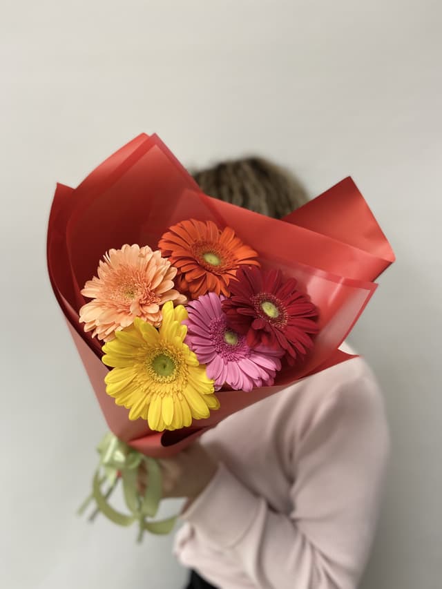 Красивый букет из 5 Гербер в матовой бумаге Красивый букет из 5 Гербер в матовой бумаге