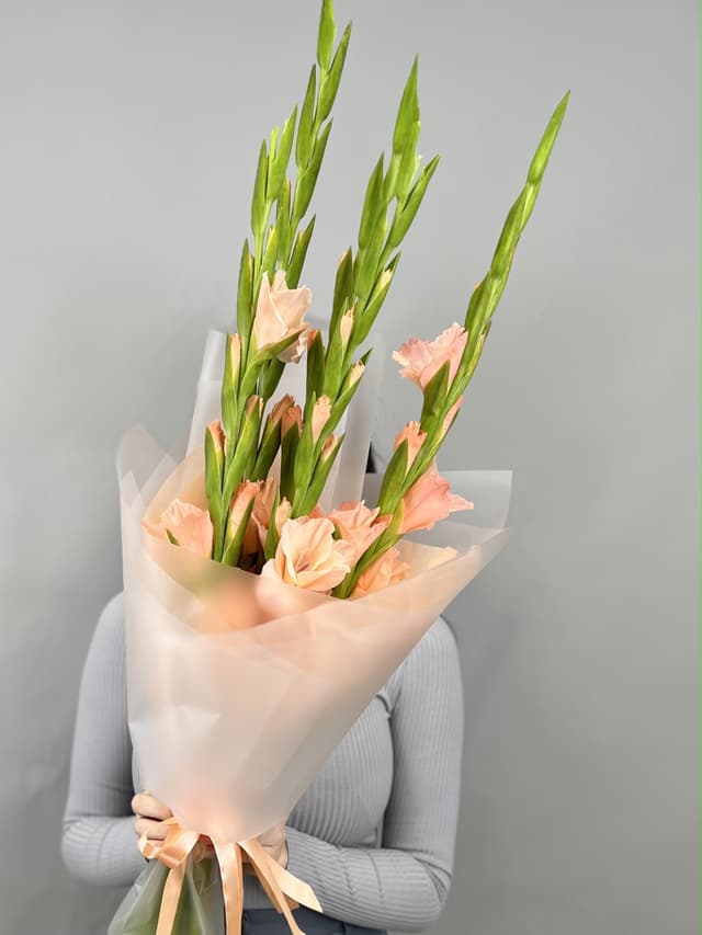 Букет из 5 гладиолусов персик в матовой бумаге Букет из 5 гладиолусов персик в матовой бумаге