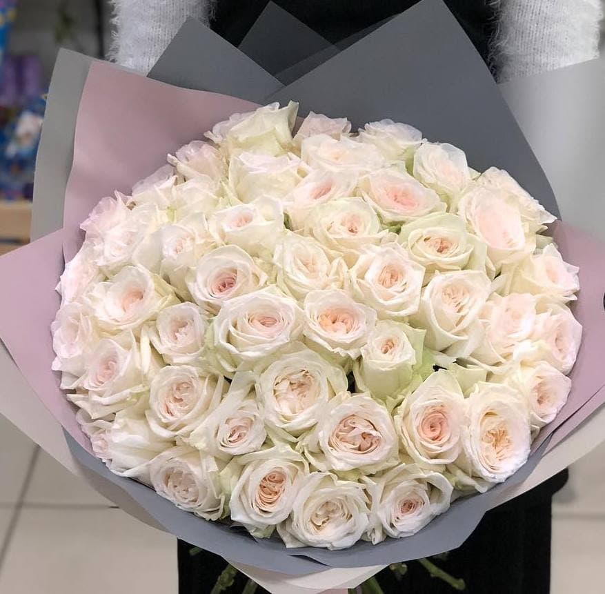 Букет из 51 Пионовидной розы White O’Hara в матовой упаковке