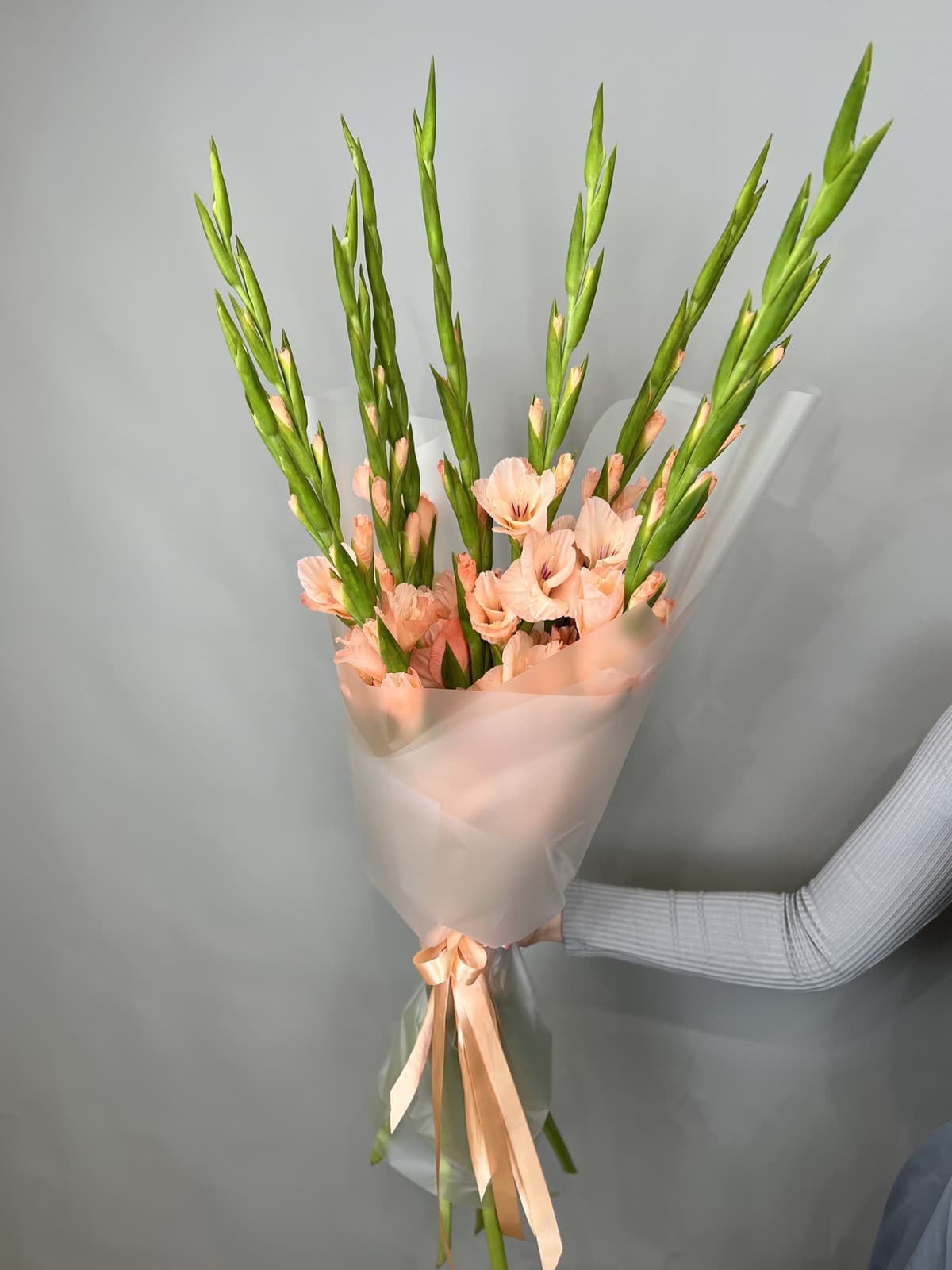 Букет из 9 гладиолусов персик в матовой бумаге