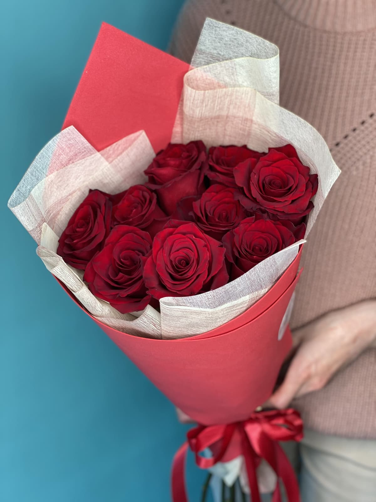 Букет из 9 красных Роз Эквадор в фоамиране 70 см