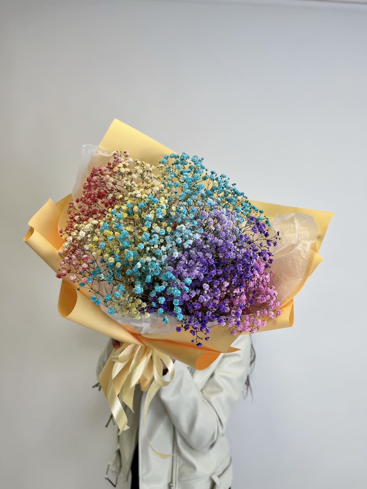 Праздничный букет из 9 радужных Гипсофил в матовой бумаге