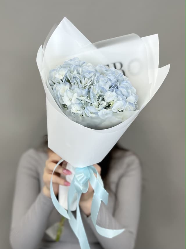 Цветочный букет из голубой гортензии в упаковке Цветочный букет из голубой гортензии в упаковке