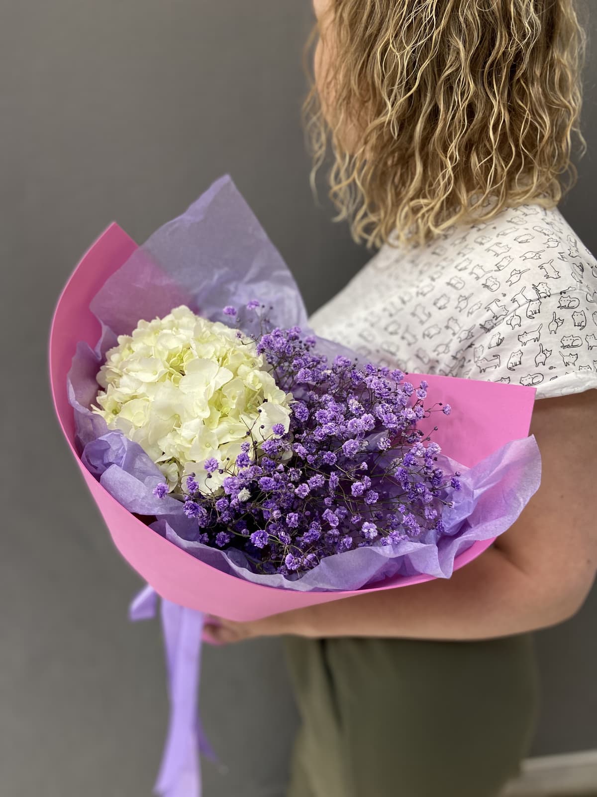 Дуо букет из Гортензии с Гипсофилой в фоамиране