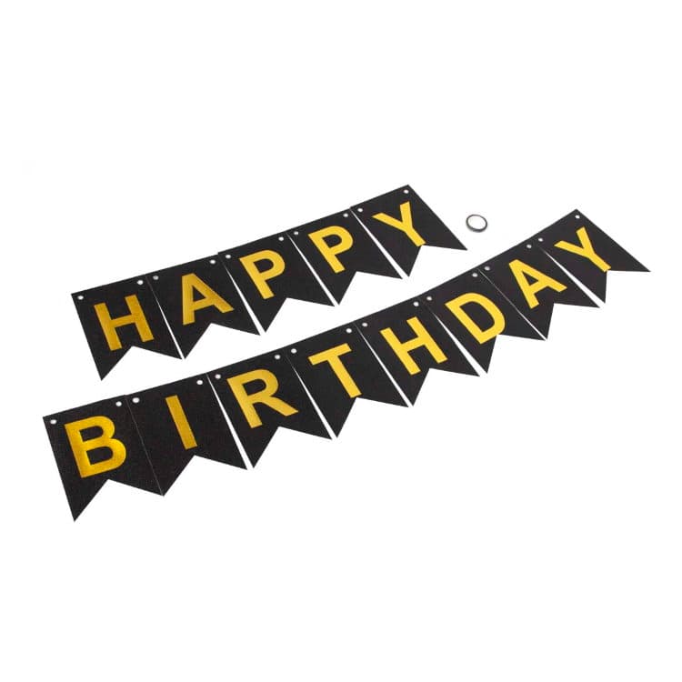 Гирлянда Флажки, Happy Birthday, Черный/Золото, Металлик, с блестками, 350 см, 17*12 см