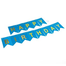 Гирлянда Флажки, Happy Birthday, Голубой/Золото, Металлик, с блестками, 350 см, 17*12 см