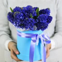 Оригинальная композиция в шляпной коробке из 15 гиацинтов