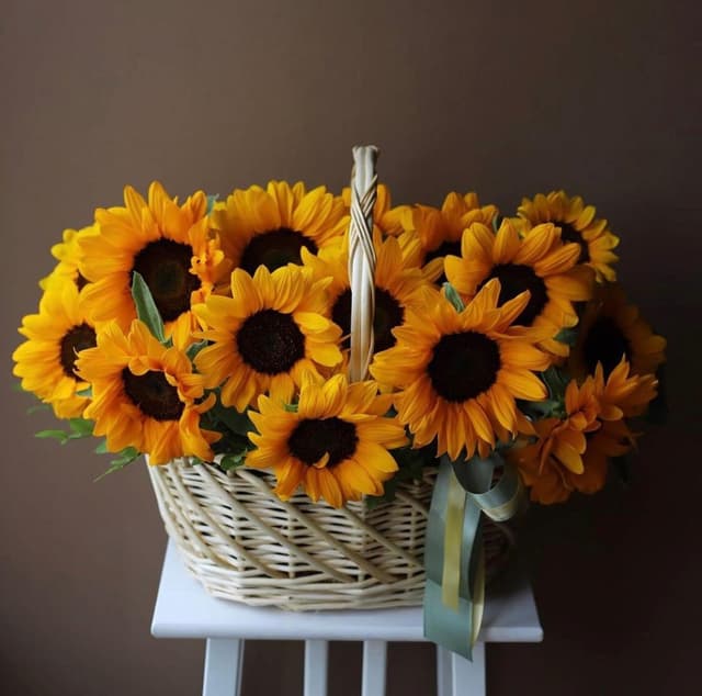 Шикарная корзина из 25 Подсолнухов с зеленью Шикарная корзина из 25 Подсолнухов с зеленью