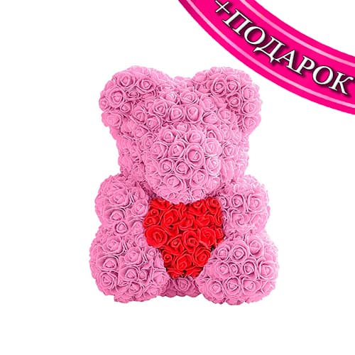 Мишка из роз розовый 40 см + ПОДАРОК Мишка из роз розовый 40 см + ПОДАРОК