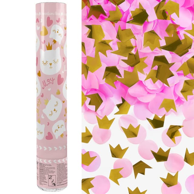 Пневмохлопушка (12/30 см), Котенок Принцесса, Короны фольга и круги тишью, Золото/Розовый, Металлик Пневмохлопушка (12/30 см), Котенок Принцесса, Короны фольга и круги тишью, Золото/Розовый, Металлик