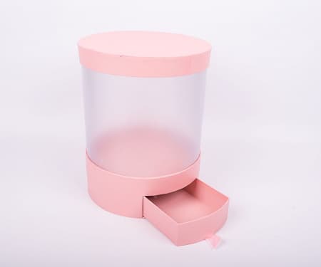 Подарочная коробка "Тубус" 21*21*26.5см. Прозрачная с ящиком Розовая