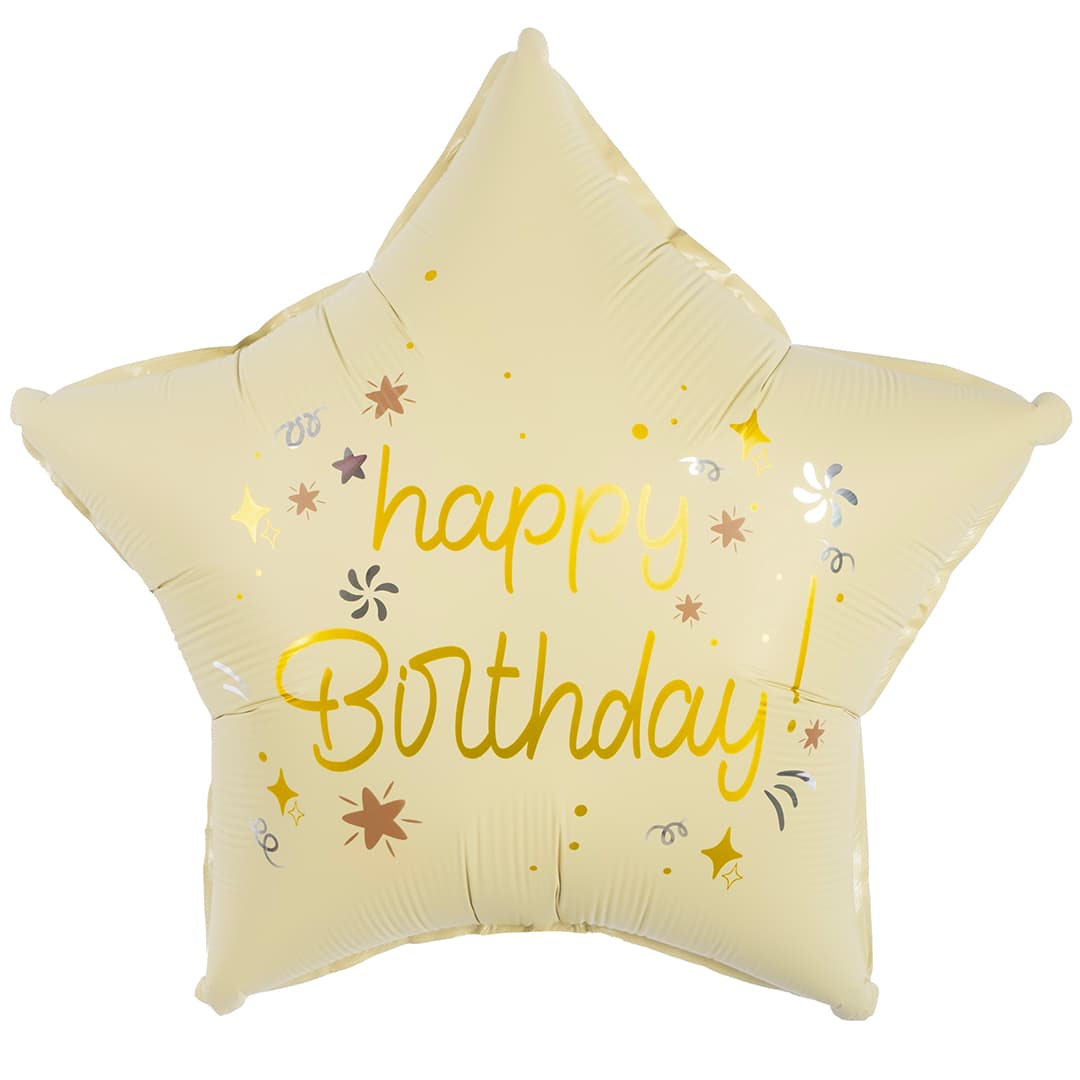 Шар (18''/46 см) Звезда, Happy Birthday (праздничные искры), Кремовый, Сатин