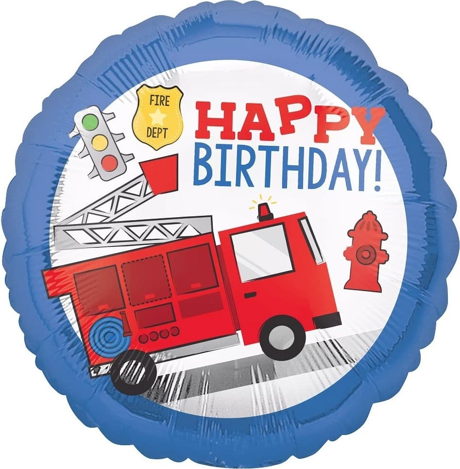 Шар (18"/46см) Круг, С Днем Рождения (пожарная машина)