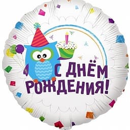Шар (18"/46см) Круг, С Днем рождения, (Сова)на русском языке