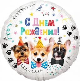 Шар (18"/46см) круг,Собачки, С Днем Рождения!