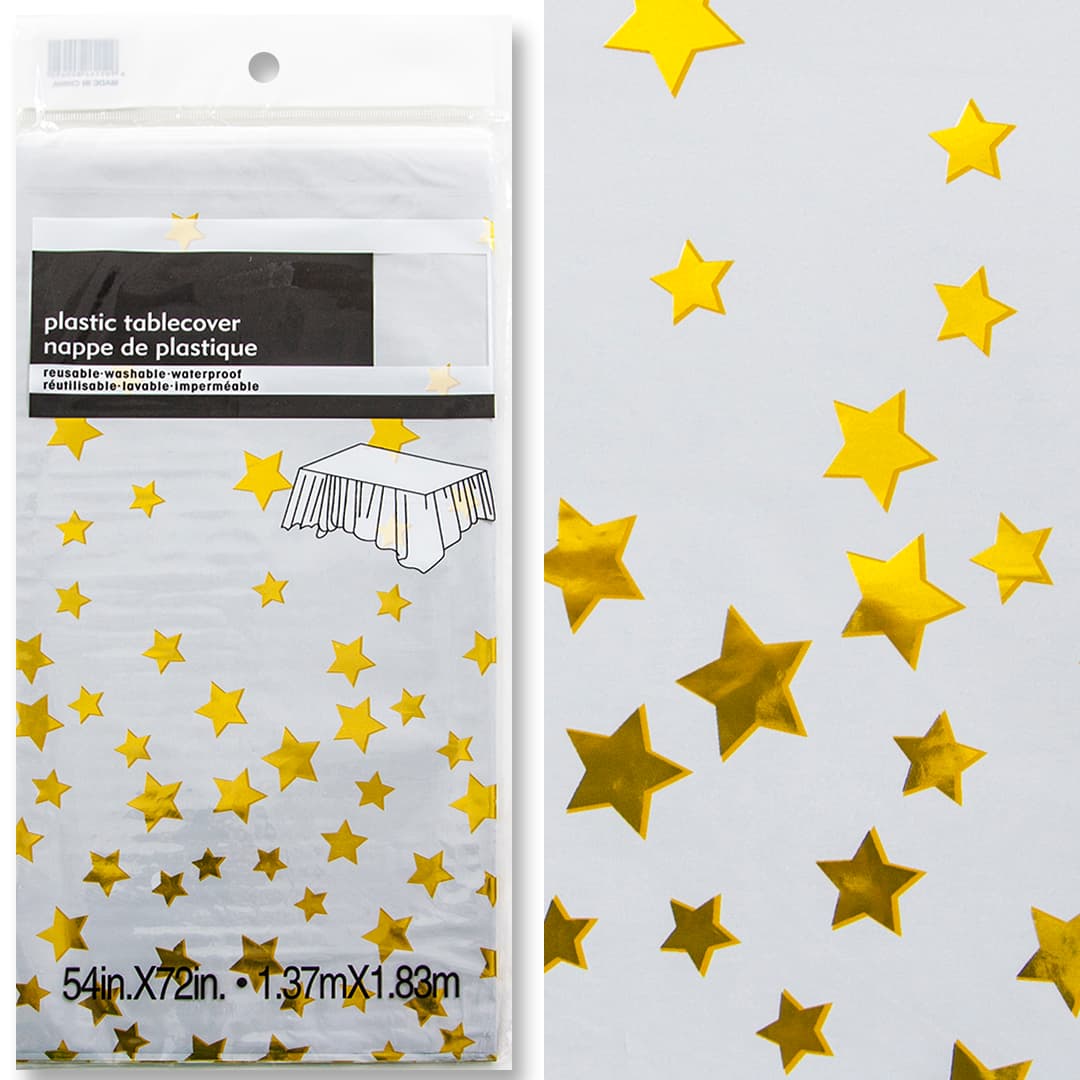 Скатерть (полиэтилен), Звезды, Белый/Золото, Металлик, 137*183 см, 1 шт.