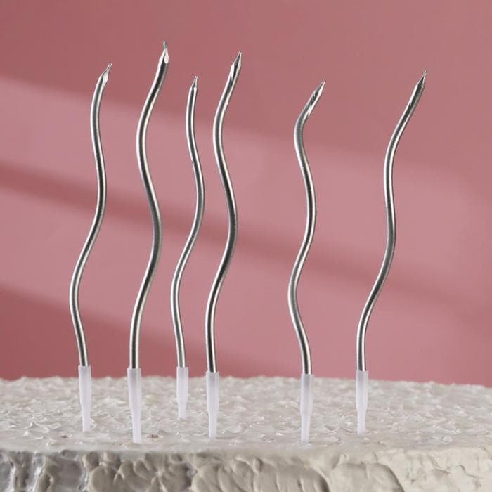 Свечи для торта "Серпантин" 6 шт, 12 см, коктейльные, серебристые