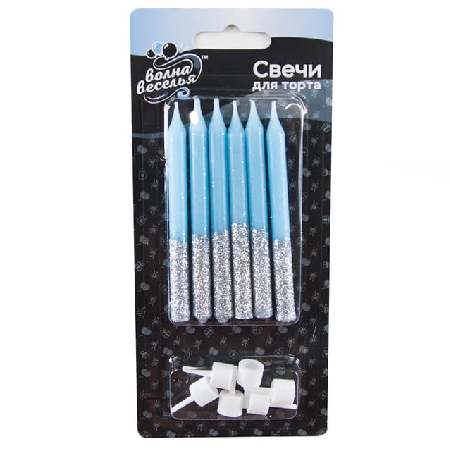 Свечи Сверкающий глиттер, Голубой/Серебро, с блестками, 0,77*8 см, 6 шт. с держат. Свечи Сверкающий глиттер, Голубой/Серебро, с блестками, 0,77*8 см, 6 шт. с держат.