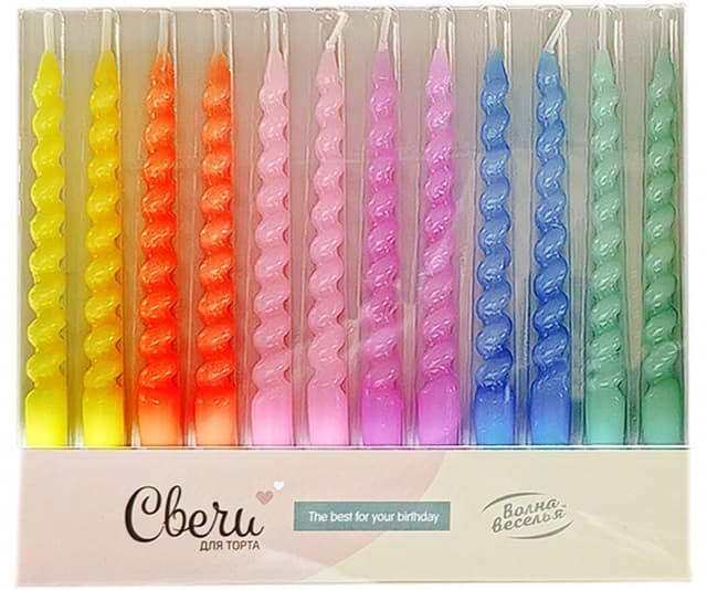 Свечи Яркие спирали, Ассорти, 0,8*9 см, 12 шт. с держат. Свечи Яркие спирали, Ассорти, 0,8*9 см, 12 шт. с держат.