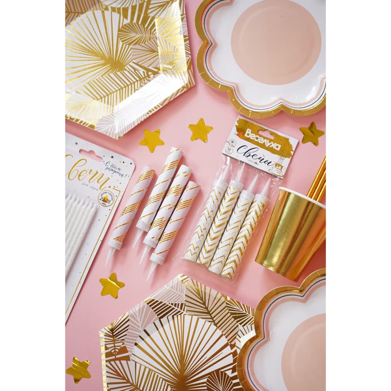 Тортовая свеча "Полоски и Точки" Микс с печатью Роза голд 10 см, 30 сек. / 4 шт. /